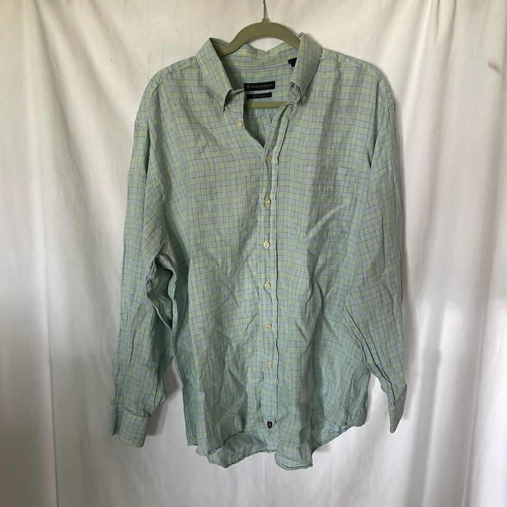 Henry Jacobsen 100% Linen Green and Blue Plaid Button Down Shirt XL